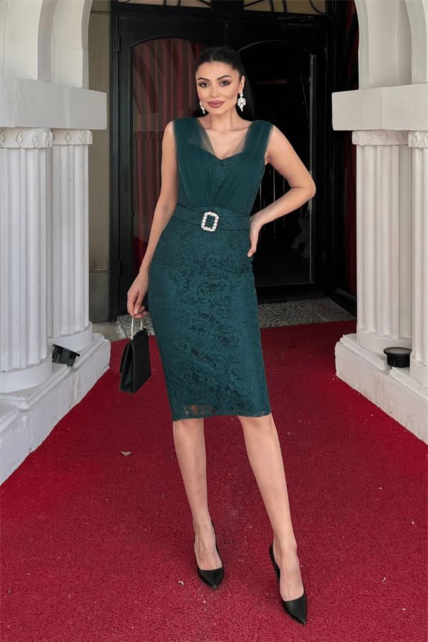 Dantel Kumaş Tül Detaylı Kalem Elbise - ZÜMRÜT YEŞİL