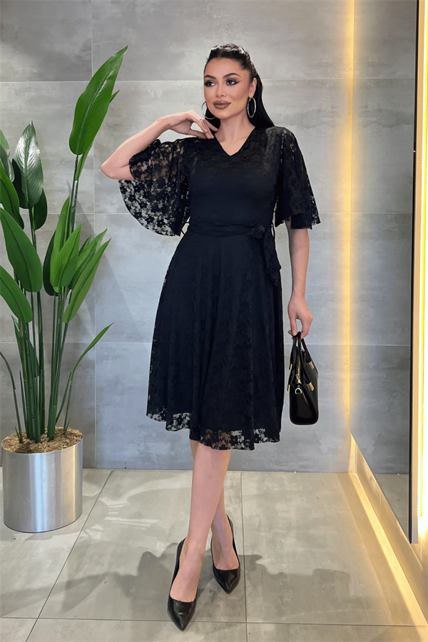 Dantel Kumaş V Yaka Midi Elbise - SİYAH