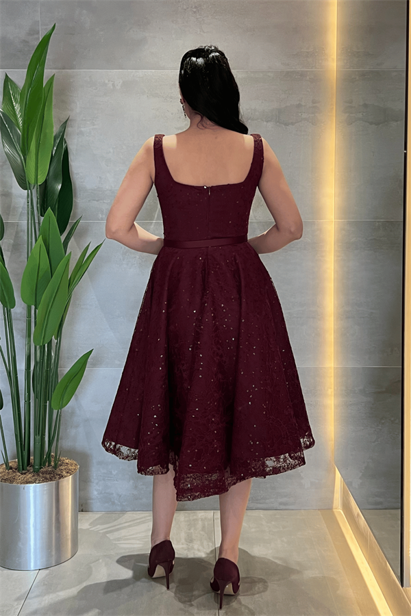 Dantel Payet Kumaş Balen Detaylı Midi Elbise - BORDO