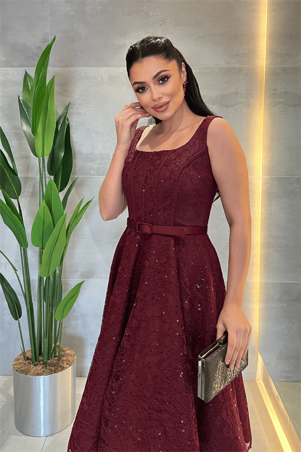 Dantel Payet Kumaş Balen Detaylı Midi Elbise - BORDO