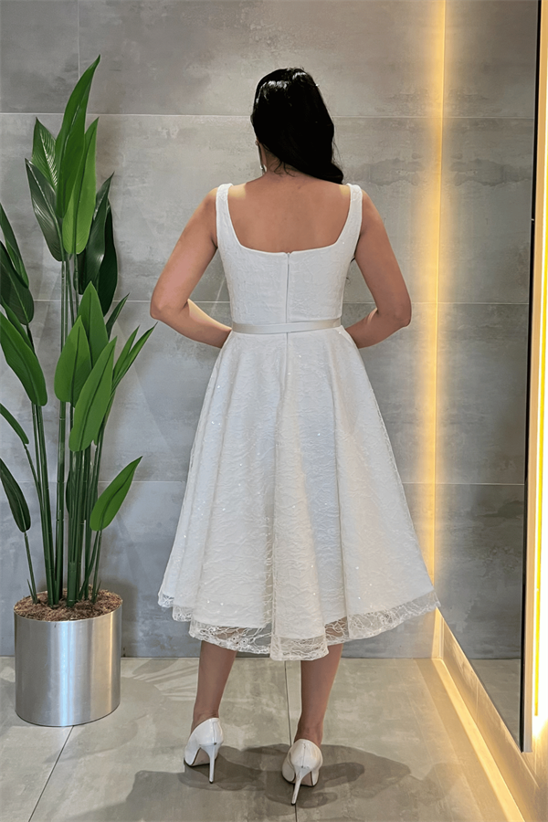 Dantel Payet Kumaş Balen Detaylı Midi Elbise - BEYAZ