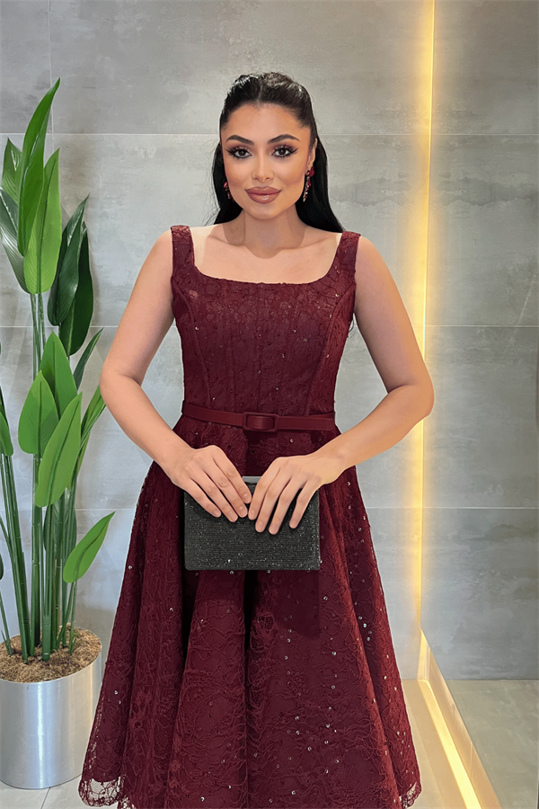 Dantel Payet Kumaş Balen Detaylı Midi Elbise - BORDO