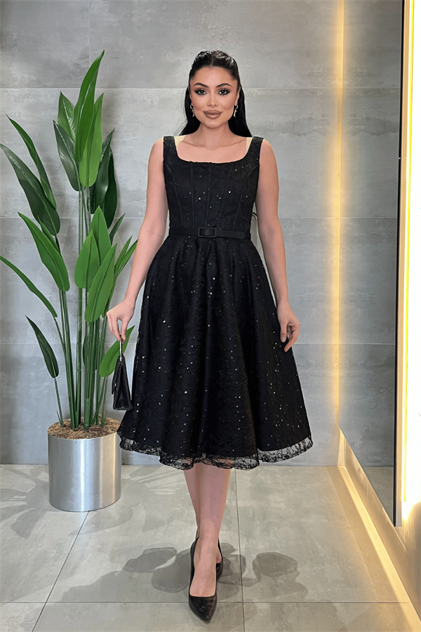 Dantel Payet Kumaş Balen Detaylı Midi Elbise - SİYAH