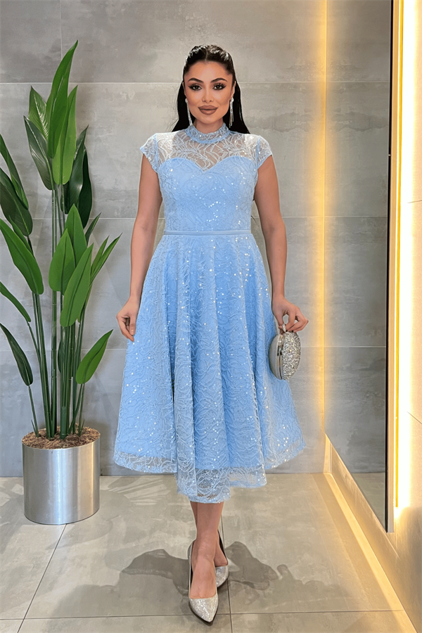 Dantel Payet Kumaş Midi Elbise - BEBE MAVİSİ