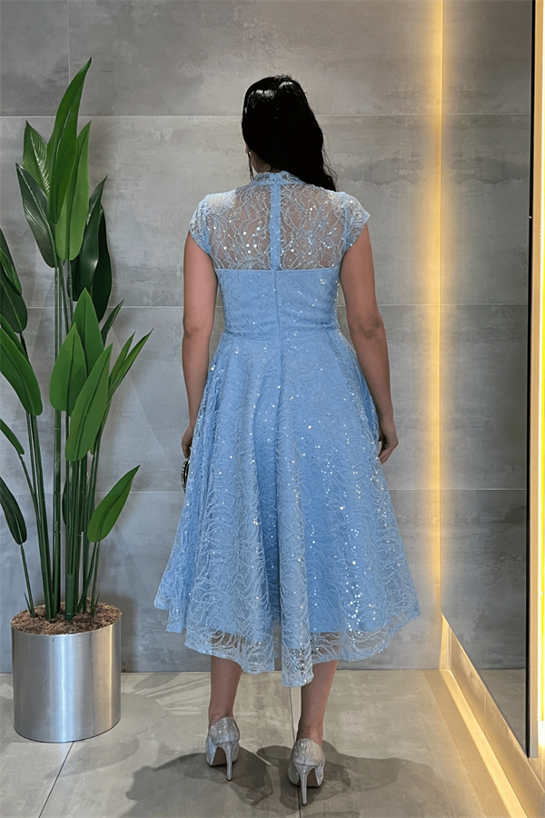 Dantel Payet Kumaş Midi Elbise - BEBE MAVİSİ