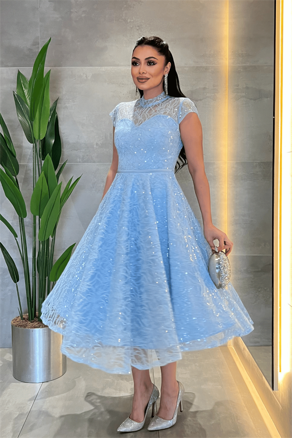 Dantel Payet Kumaş Midi Elbise - BEBE MAVİSİ