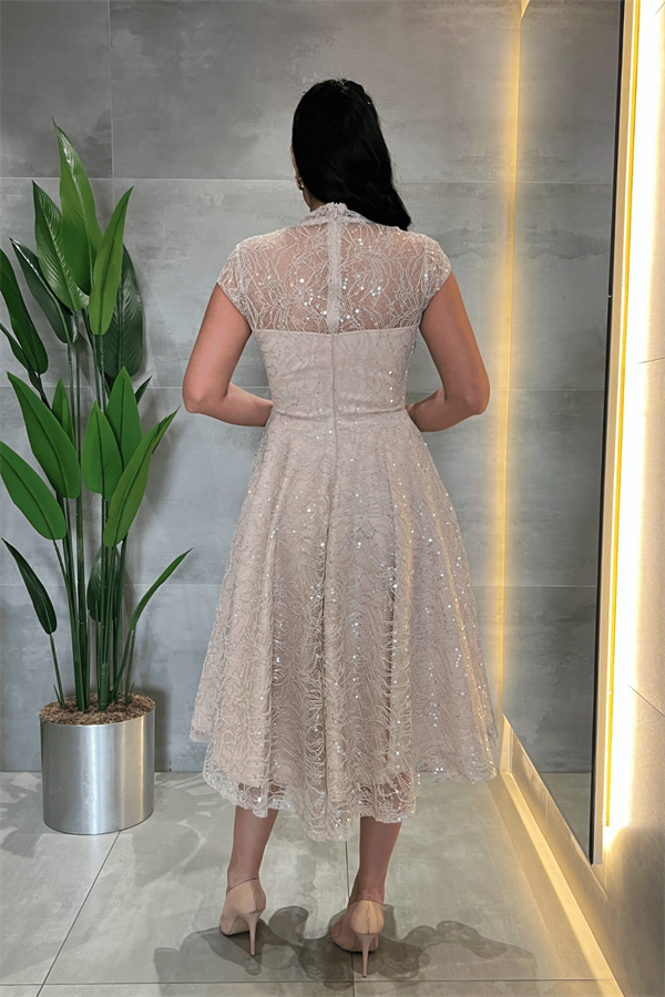 Dantel Payet Kumaş Midi Elbise - BEJ