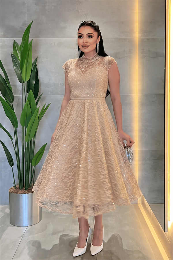 Dantel Payet Kumaş Midi Elbise - BEJ