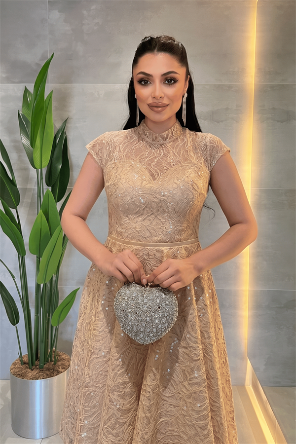 Dantel Payet Kumaş Midi Elbise - BEJ
