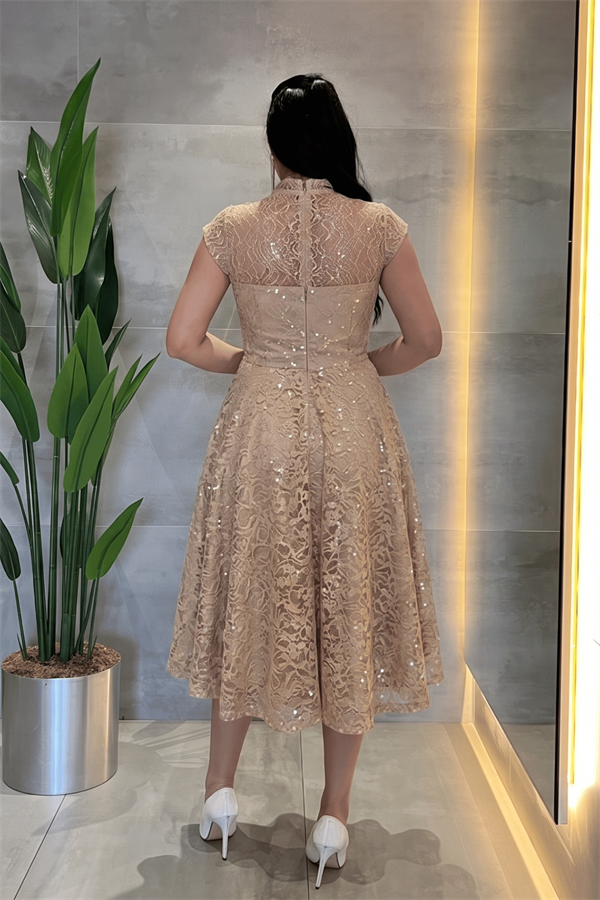 Dantel Payet Kumaş Midi Elbise - BEJ