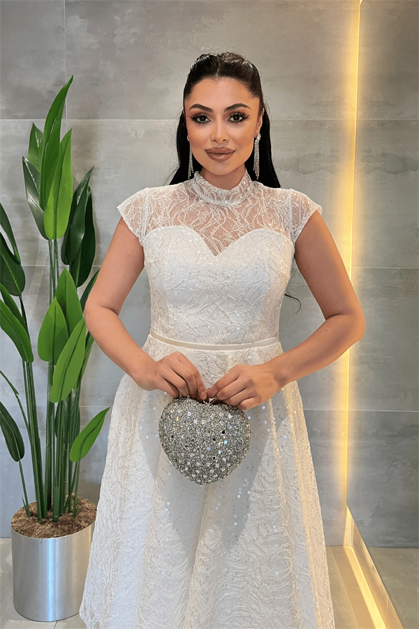 Dantel Payet Kumaş Midi Elbise - BEYAZ