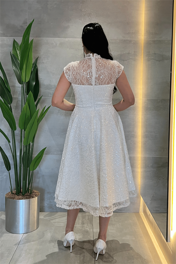 Dantel Payet Kumaş Midi Elbise - BEYAZ