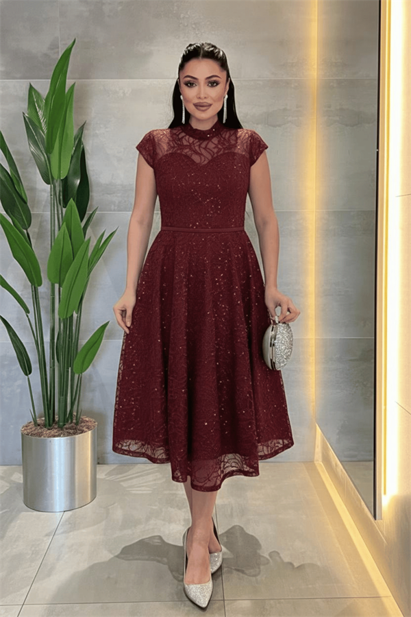 Dantel Payet Kumaş Midi Elbise - BORDO