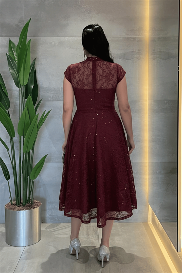 Dantel Payet Kumaş Midi Elbise - BORDO