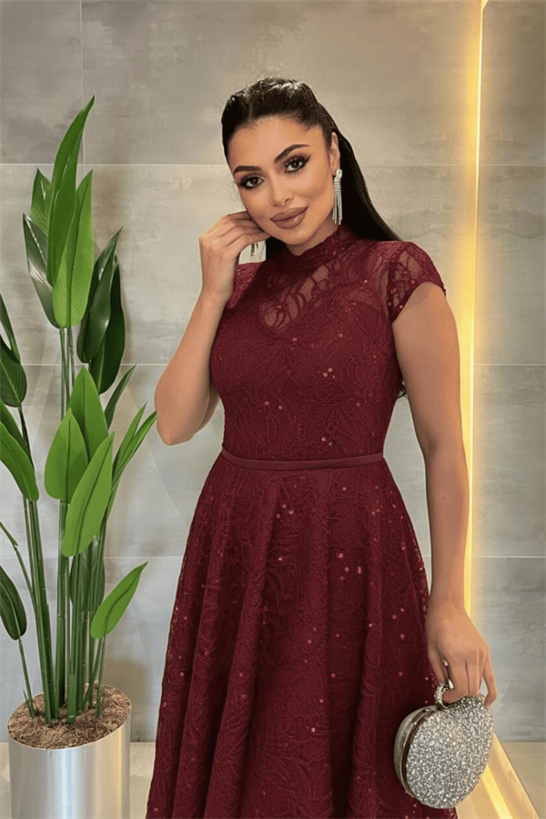 Dantel Payet Kumaş Midi Elbise - BORDO