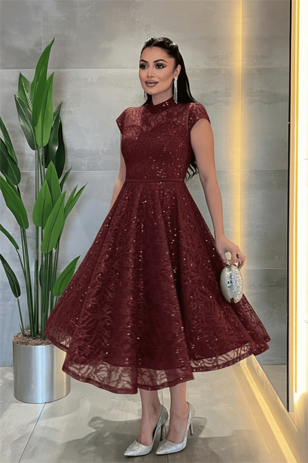 Dantel Payet Kumaş Midi Elbise - BORDO
