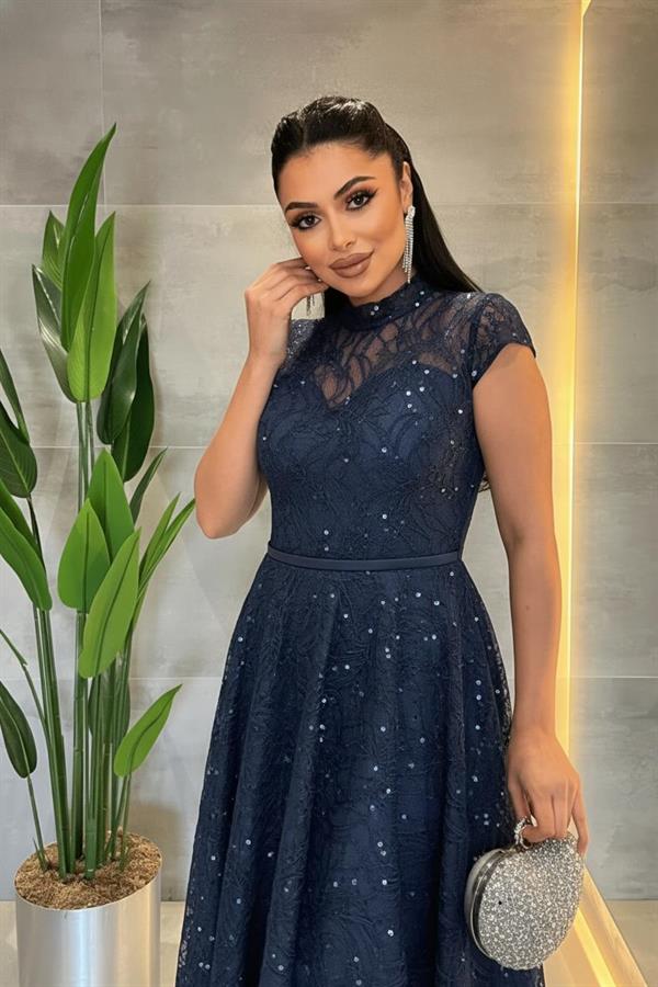 Dantel Payet Kumaş Midi Elbise - LACİVERT