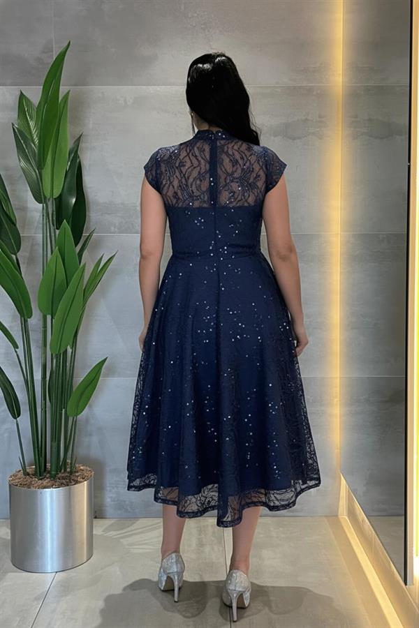 Dantel Payet Kumaş Midi Elbise - LACİVERT
