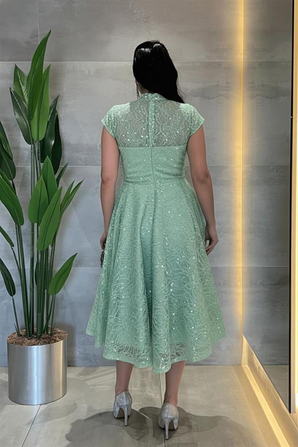 Dantel Payet Kumaş Midi Elbise - MİNT YEŞİLİ