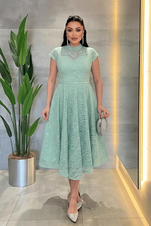 Dantel Payet Kumaş Midi Elbise - MİNT YEŞİLİ