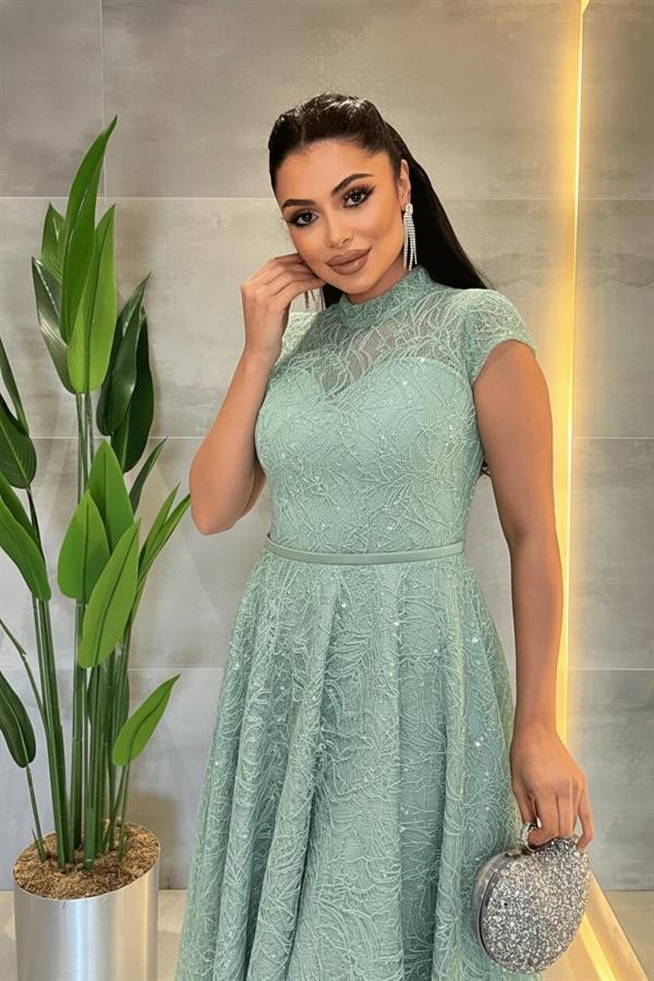 Dantel Payet Kumaş Midi Elbise - MİNT YEŞİLİ