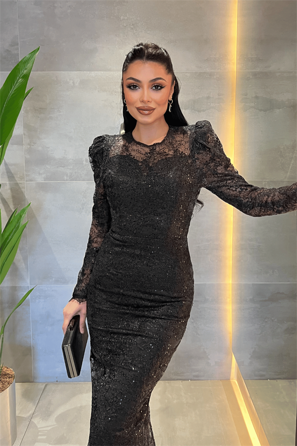 Dantelli Pullu Kumaş Sırt Detaylı Kalem Elbise - SİYAH