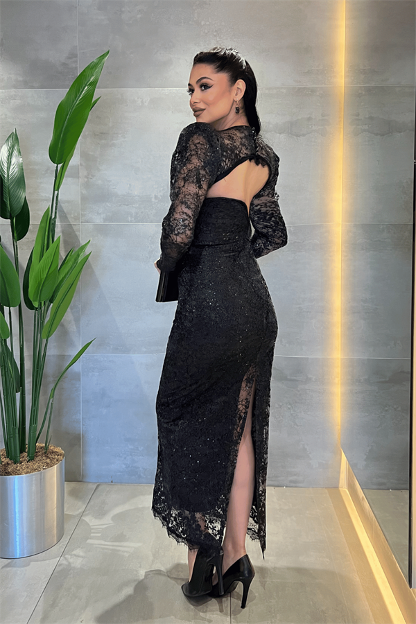 Dantelli Pullu Kumaş Sırt Detaylı Kalem Elbise - SİYAH