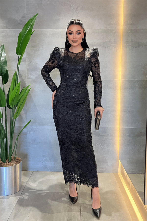 Dantelli Pullu Kumaş Sırt Detaylı Kalem Elbise - SİYAH