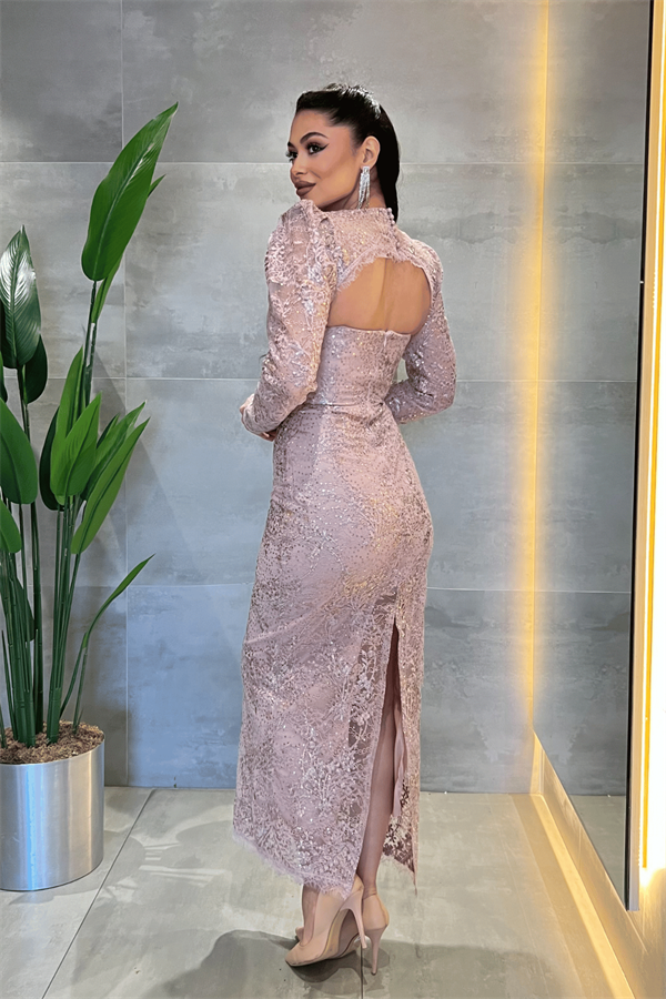 Dantelli Pullu Kumaş Sırt Detaylı Kalem Elbise - PUDRA