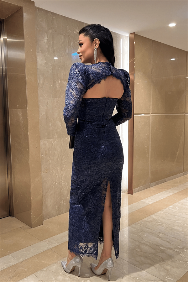 Dantelli Pullu Kumaş Sırt Detaylı Kalem Elbise - LACİVERT