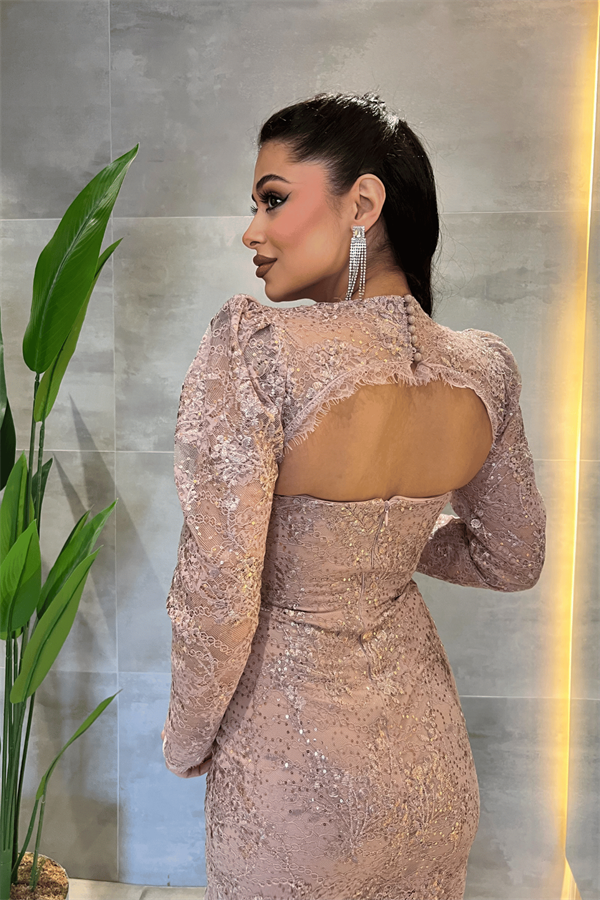 Dantelli Pullu Kumaş Sırt Detaylı Kalem Elbise - PUDRA