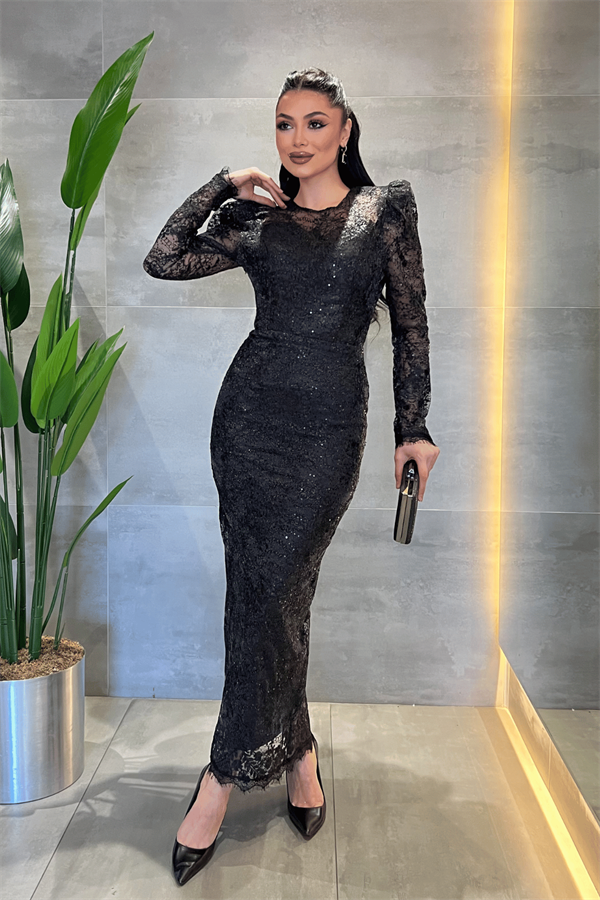 Dantelli Pullu Kumaş Sırt Detaylı Kalem Elbise - SİYAH