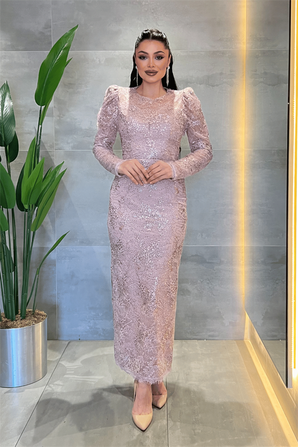 Dantelli Pullu Kumaş Sırt Detaylı Kalem Elbise - PUDRA