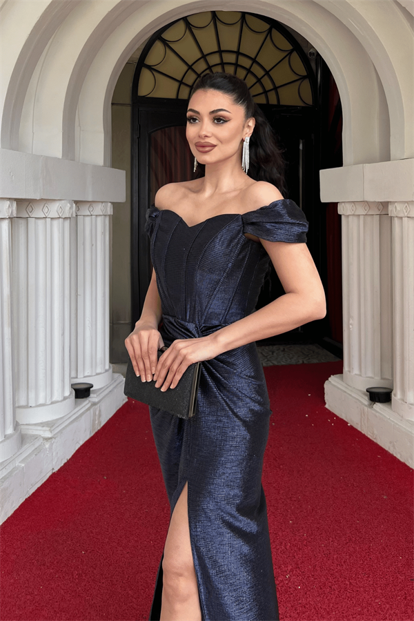 Desenli Parlak  Kumaş Korse Detaylı Balık Elbise - LACİVERT