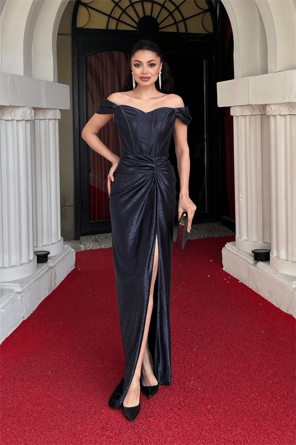 Desenli Parlak  Kumaş Korse Detaylı Balık Elbise - LACİVERT