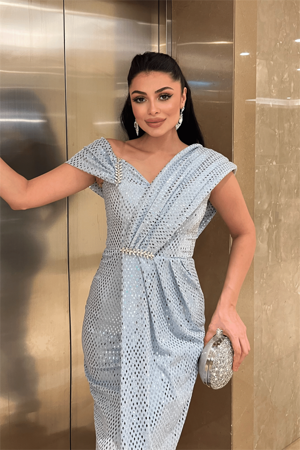 Desenli Payet Kumaş Tasarım Elbise - BEBE MAVİSİ