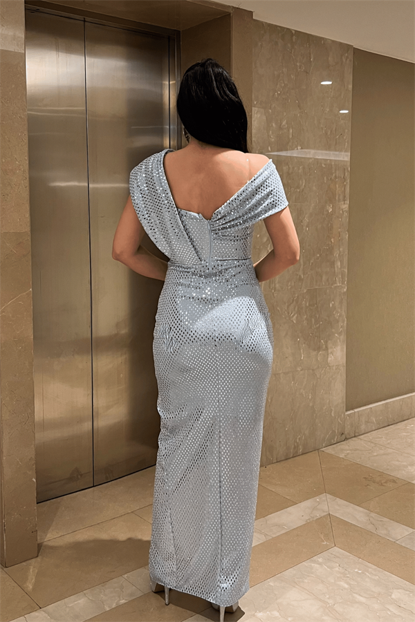 Desenli Payet Kumaş Tasarım Elbise - BEBE MAVİSİ