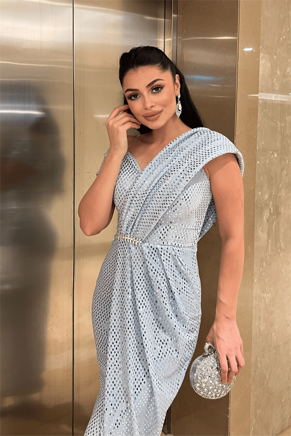 Desenli Payet Kumaş Tasarım Elbise - BEBE MAVİSİ