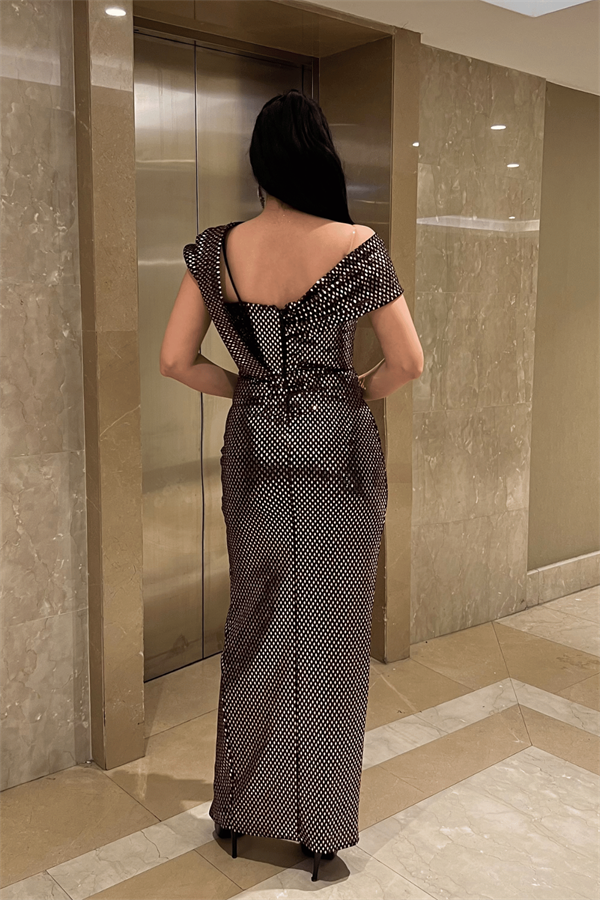 Desenli Payet Kumaş Tasarım Elbise - BRONZ