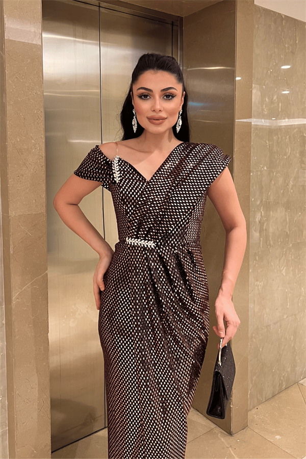 Desenli Payet Kumaş Tasarım Elbise - BRONZ