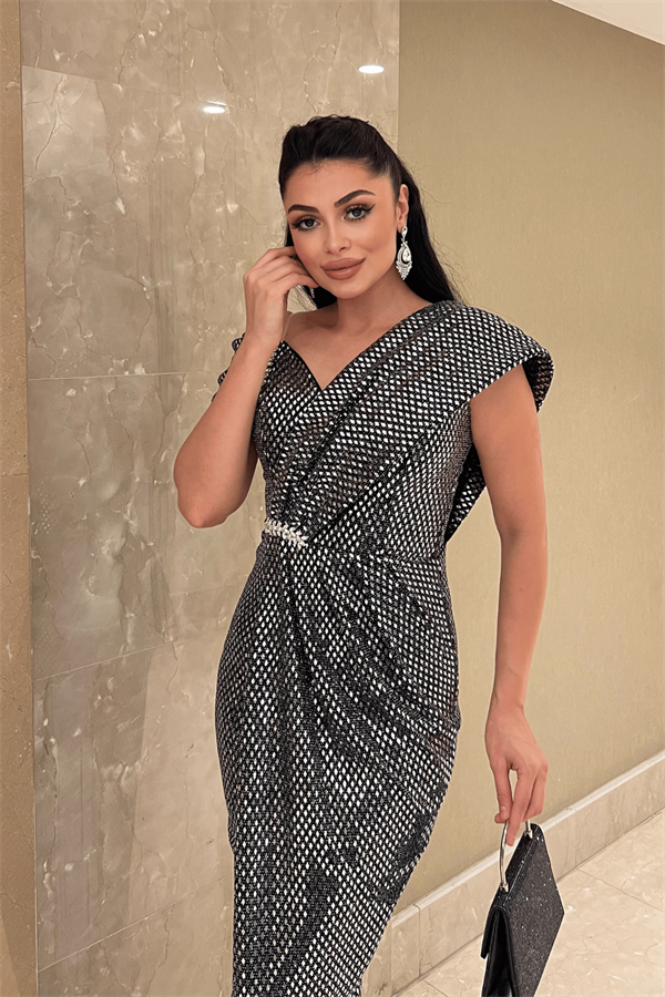 Desenli Payet Kumaş Tasarım Elbise - GÜMÜŞ