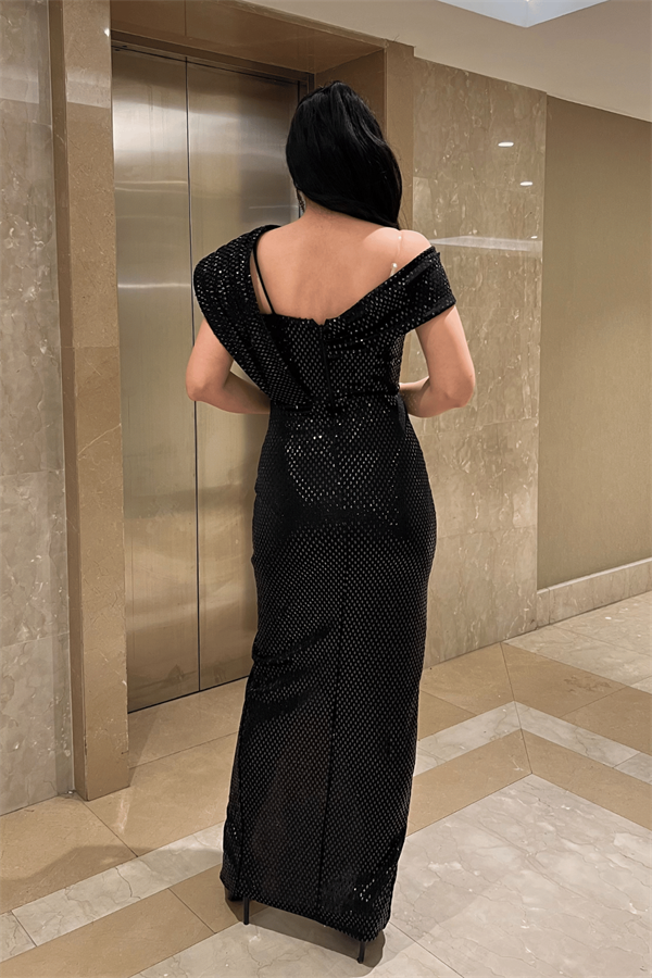 Desenli Payet Kumaş Tasarım Elbise - SİYAH