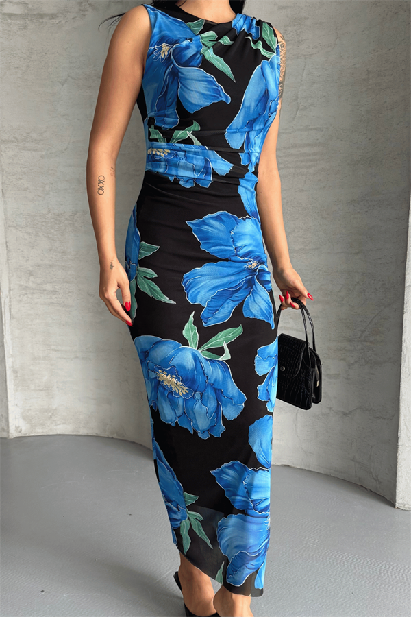 Dijital Baskı Tül Elbise - MAVİ