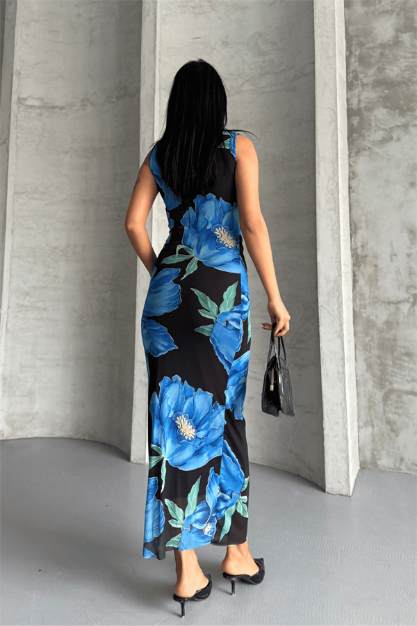 Dijital Baskı Tül Elbise - MAVİ