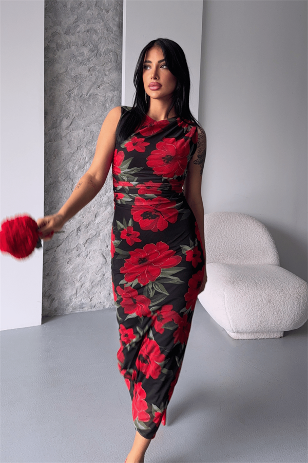 Dijital Baskı Tül Elbise - SİYAH KIRMIZI