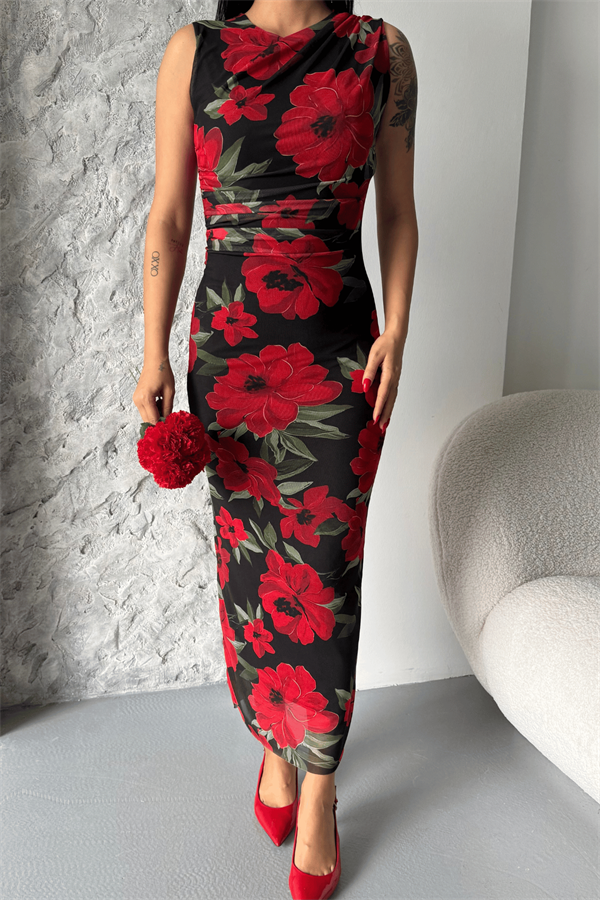 Dijital Baskı Tül Elbise - SİYAH KIRMIZI