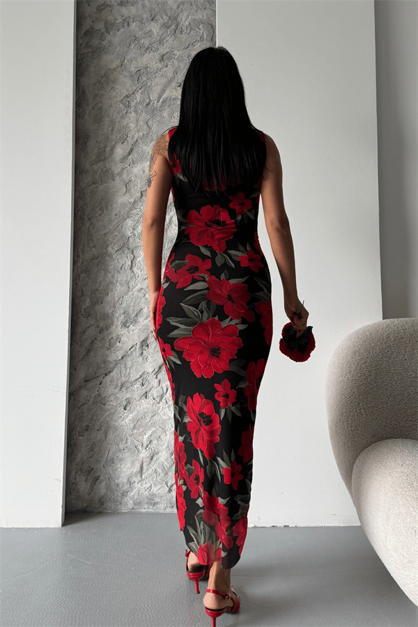 Dijital Baskı Tül Elbise - SİYAH KIRMIZI