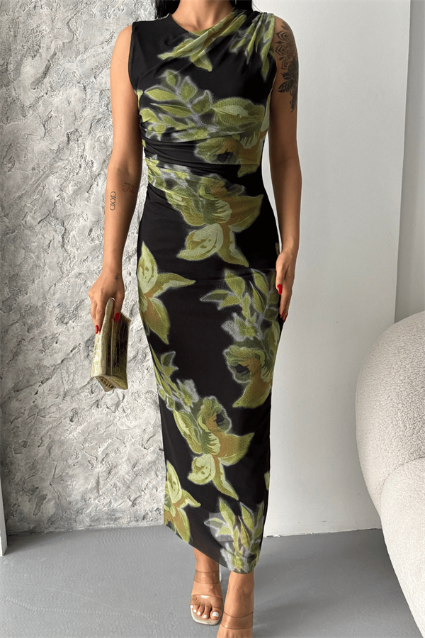 Dijital Baskı Tül Elbise - YEŞİL/SİYAH