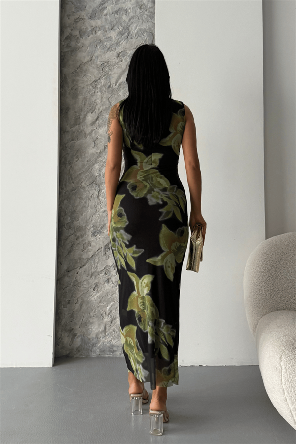 Dijital Baskı Tül Elbise - YEŞİL/SİYAH