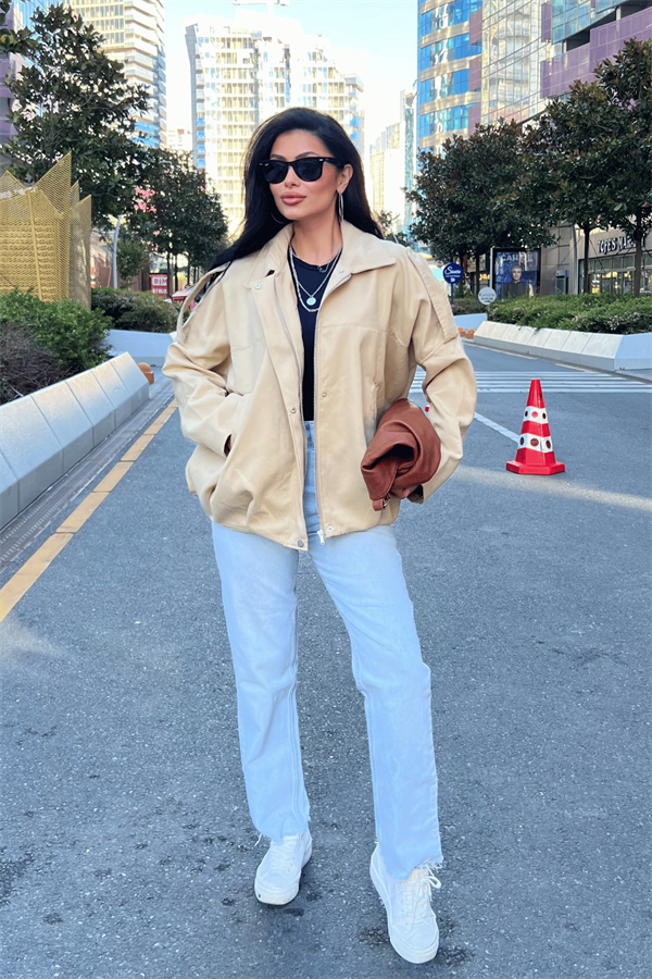 Dokuma Süet Kumaş Apoletli Bomber Ceket - KREM